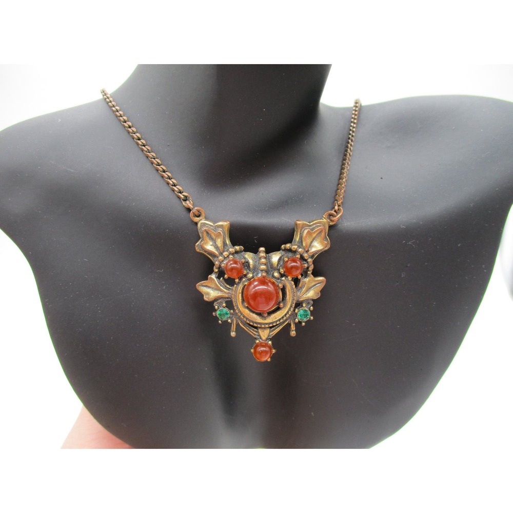 Vintage Victorian Ornate Copper Cabochon Rhinestone Pendant Necklace